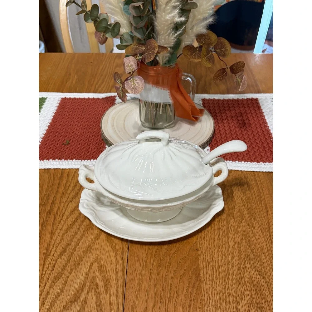 White Ceramic Soup Tureen Set wh Lid Ladle and Underplate Wheat Embossed Pattern